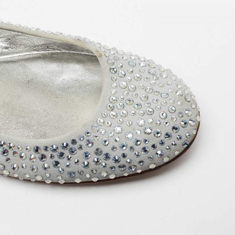 Pre Owned Giuseppe Zanotti Grey Suede Crystal Embellished Ballet Flats Size 38