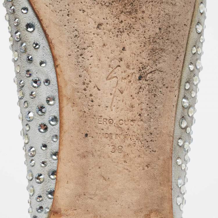 Pre Owned Giuseppe Zanotti Grey Suede Crystal Embellished Ballet Flats Size 38