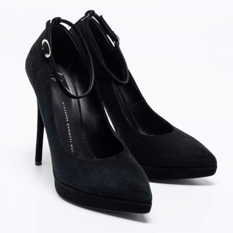 Pre Owned Giuseppe Zanotti Black Suede Ankle-Strap Platform Pumps Size 39.5