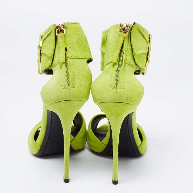Pre Owned  Giuseppe Zanotti Green Suede Open Toe Ankle Cuff Sandals  Size 37.5