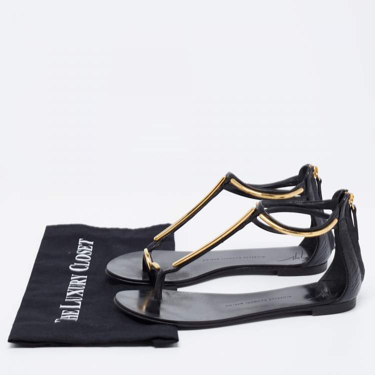Pre Owned Giuseppe Zanotti Black Leather Ankle Strap Thong Flats Size 38