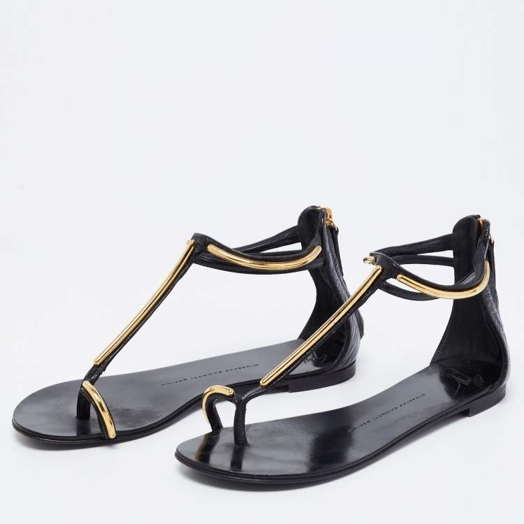 Pre Owned Giuseppe Zanotti Black Leather Ankle Strap Thong Flats Size 38