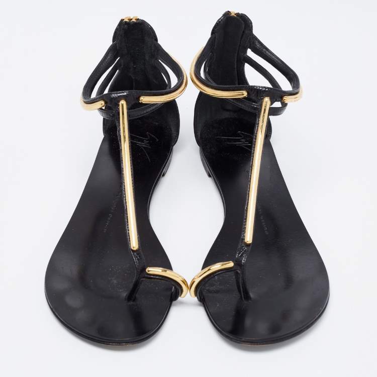 Pre Owned Giuseppe Zanotti Black Leather Ankle Strap Thong Flats Size 38