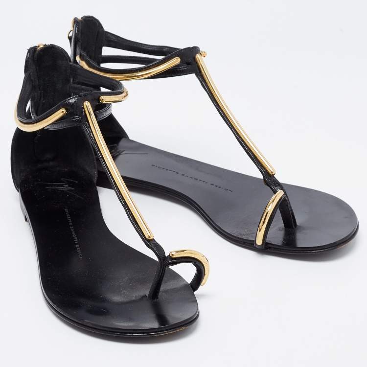 Pre Owned Giuseppe Zanotti Black Leather Ankle Strap Thong Flats Size 38