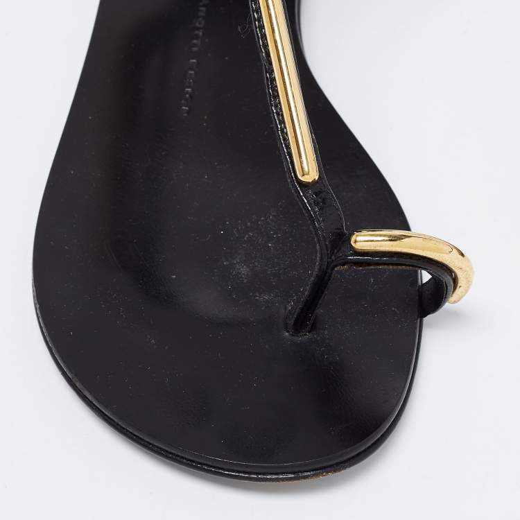 Pre Owned Giuseppe Zanotti Black Leather Ankle Strap Thong Flats Size 38