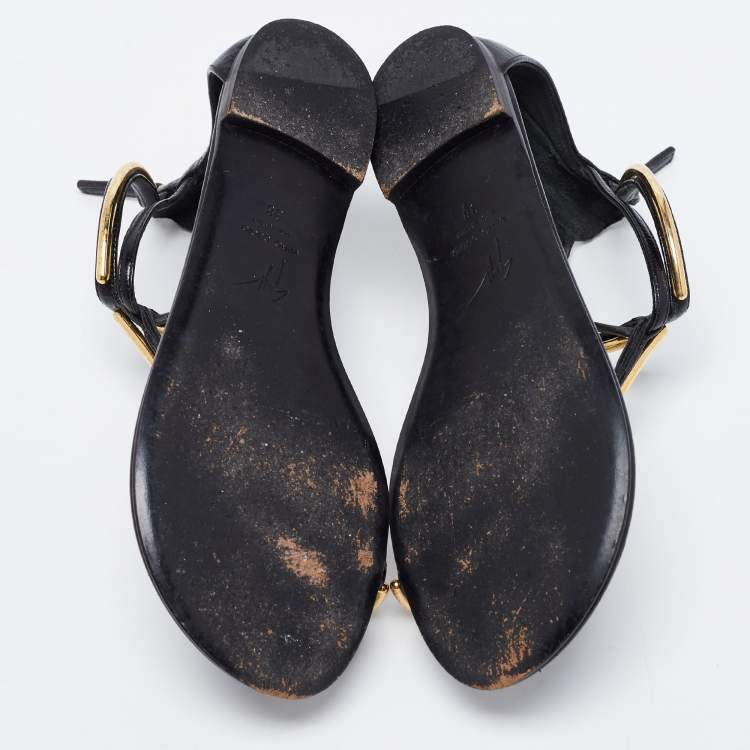 Pre Owned Giuseppe Zanotti Black Leather Ankle Strap Thong Flats Size 38