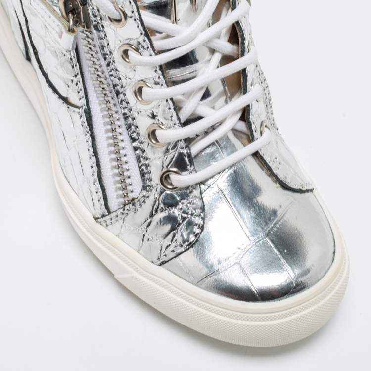 Pre Owned Giuseppe Zanotti Silver Croc Embossed Leather Double Zip Wedge Sneakers Size 37