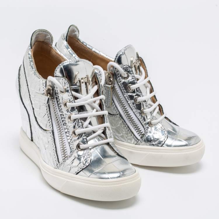 Pre Owned Giuseppe Zanotti Silver Croc Embossed Leather Double Zip Wedge Sneakers Size 37