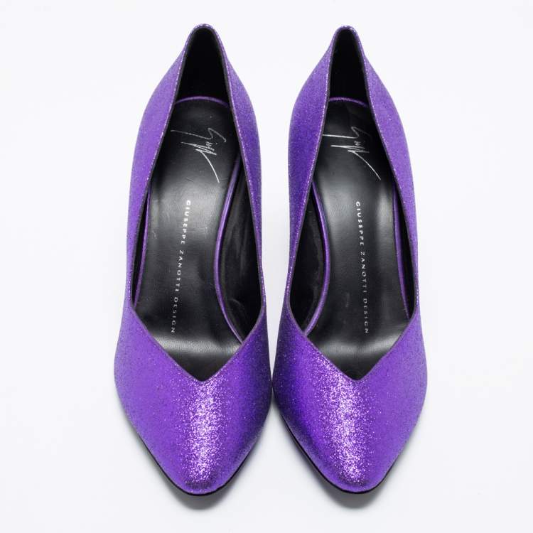 Pre Owned Giuseppe Zanotti Purple Glitter Olinda V Throat Pumps Size 38
