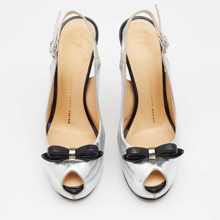 Pre Owned Giuseppe Zanotti Silver/Black Leather Bow Platform Slingback Sandals Size 38
