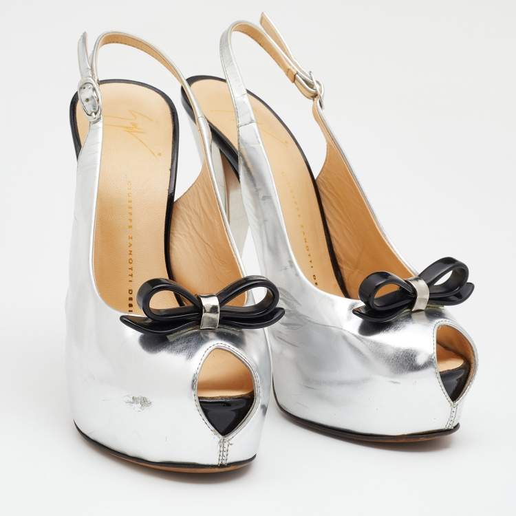 Pre Owned Giuseppe Zanotti Silver/Black Leather Bow Platform Slingback Sandals Size 38