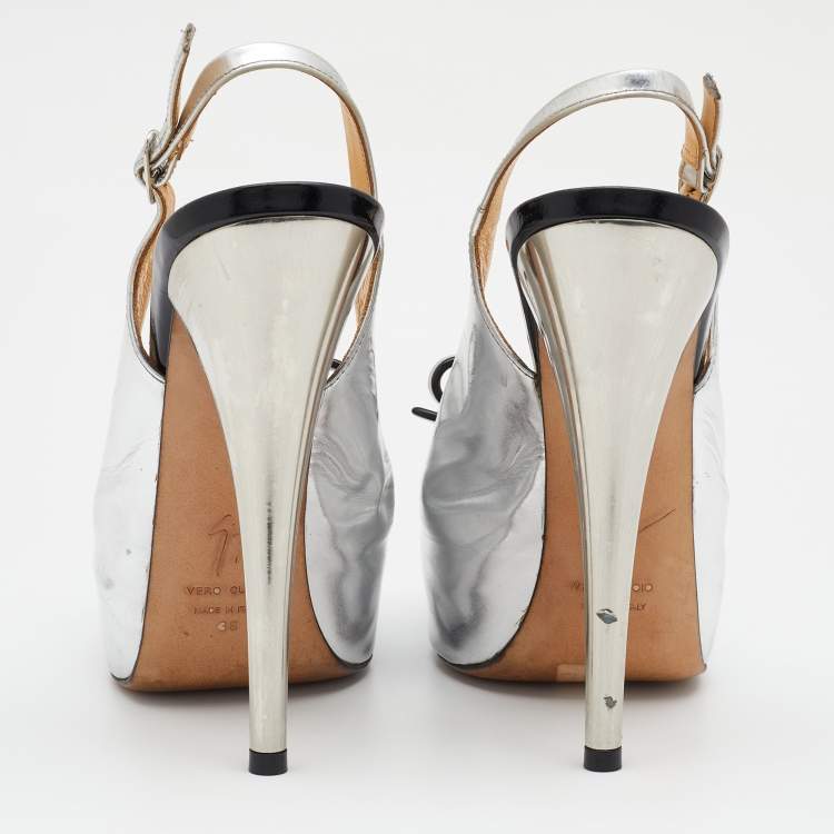 Pre Owned Giuseppe Zanotti Silver/Black Leather Bow Platform Slingback Sandals Size 38
