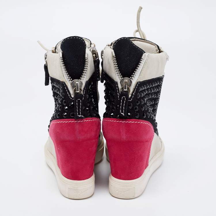 Pre Owned Giuseppe Zanotti Multicolor Crystal Embellished Suede Wedge Sneakers Size 36