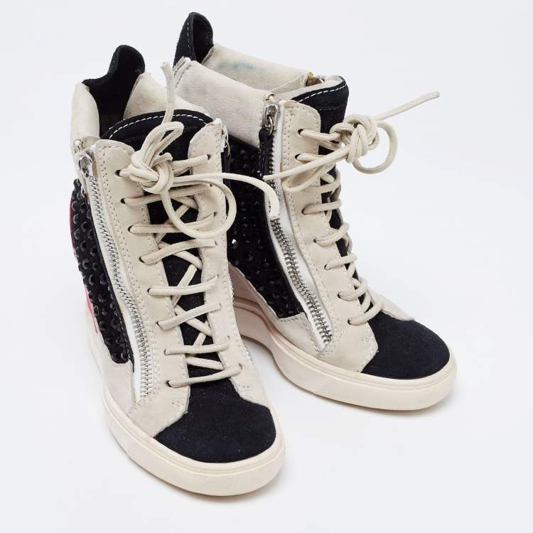 Pre Owned Giuseppe Zanotti Multicolor Crystal Embellished Suede Wedge Sneakers Size 36