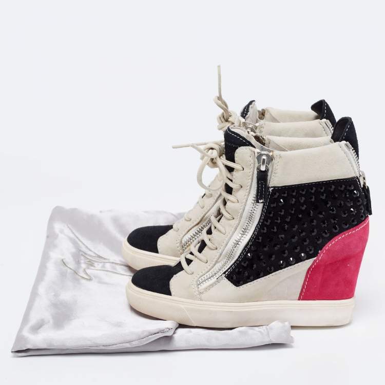 Pre Owned Giuseppe Zanotti Multicolor Crystal Embellished Suede Wedge Sneakers Size 36