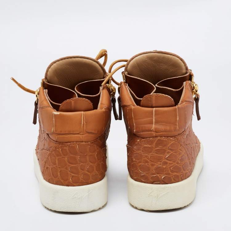 Pre Owned Giuseppe Zanotti Tan Croc Embossed Leather London High-Top Sneakers Size 40