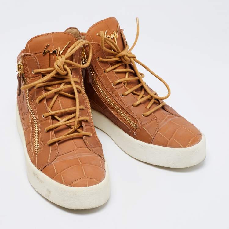 Pre Owned Giuseppe Zanotti Tan Croc Embossed Leather London High-Top Sneakers Size 40