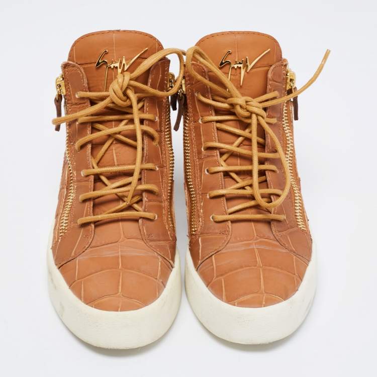 Pre Owned Giuseppe Zanotti Tan Croc Embossed Leather London High-Top Sneakers Size 40