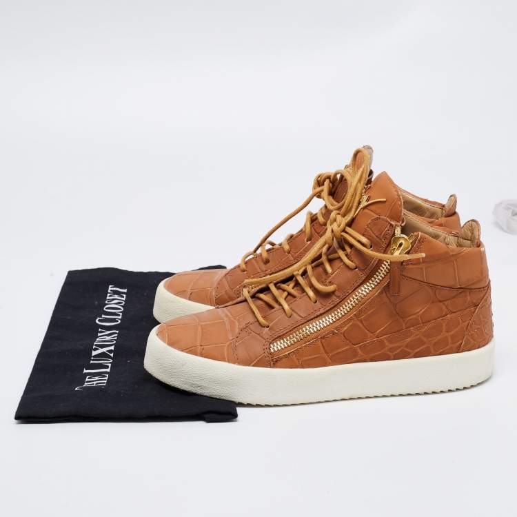 Pre Owned Giuseppe Zanotti Tan Croc Embossed Leather London High-Top Sneakers Size 40
