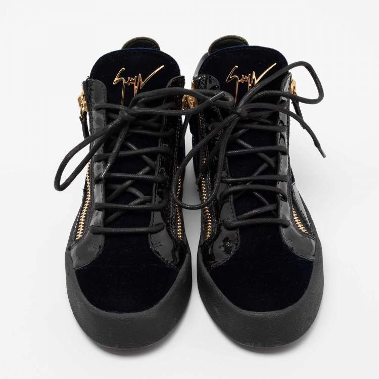 Pre Owned Giuseppe Zanotti Black/Navy Blue Velvet and Leather Coby High Top Sneakers Size 40