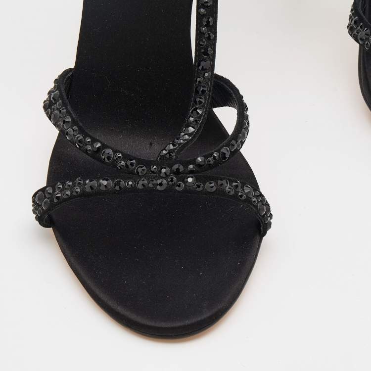 Pre Owned Giuseppe Zanotti Black/White Suede Crystal Embellished T-Strap Sandals Size 38