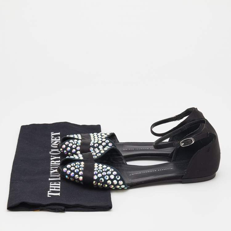 Pre Owned Giuseppe Zanotti Blue/Black Suede And Satin Crystal Embellished Ankle Strap Flat Sandals Size 39