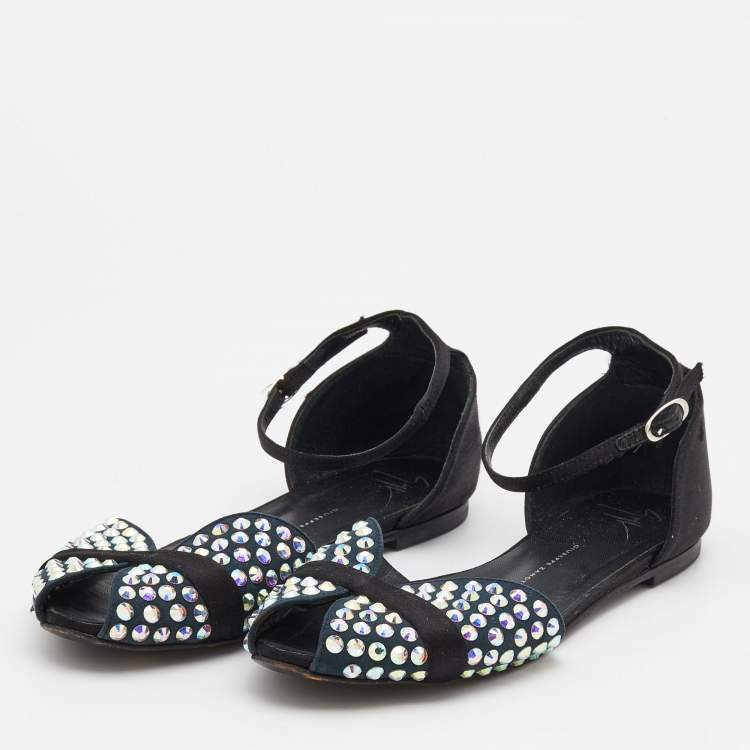 Pre Owned Giuseppe Zanotti Blue/Black Suede And Satin Crystal Embellished Ankle Strap Flat Sandals Size 39