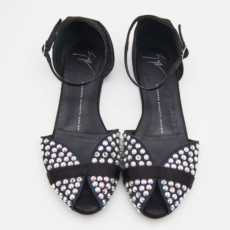 Pre Owned Giuseppe Zanotti Blue/Black Suede And Satin Crystal Embellished Ankle Strap Flat Sandals Size 39