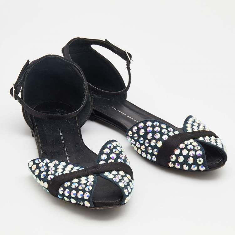 Pre Owned Giuseppe Zanotti Blue/Black Suede And Satin Crystal Embellished Ankle Strap Flat Sandals Size 39