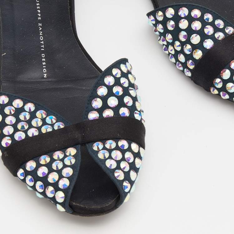 Pre Owned Giuseppe Zanotti Blue/Black Suede And Satin Crystal Embellished Ankle Strap Flat Sandals Size 39