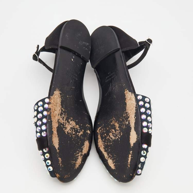 Pre Owned Giuseppe Zanotti Blue/Black Suede And Satin Crystal Embellished Ankle Strap Flat Sandals Size 39