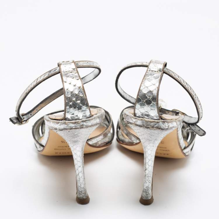 Pre Owned Le Silla Silver Python Embossed Leather T-Strap Platform Sandals Size 37.5 