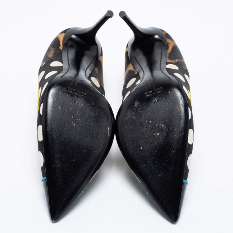 Pre Owned Giuseppe Zanotti Multicolor Leopard/Polka Dot Print Satin And Patent Leather Yvette Pointed Toe Pumps Size 38