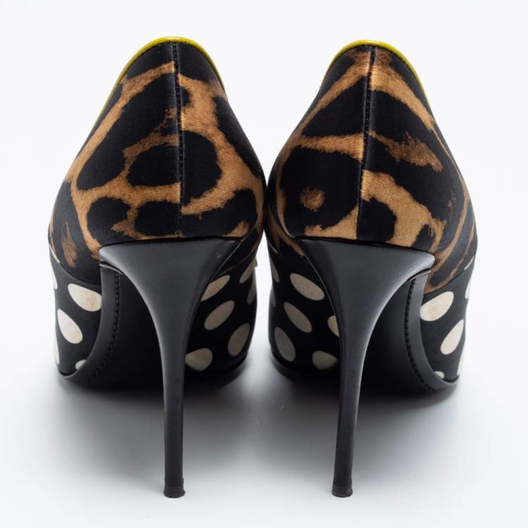 Pre Owned Giuseppe Zanotti Multicolor Leopard/Polka Dot Print Satin And Patent Leather Yvette Pointed Toe Pumps Size 38