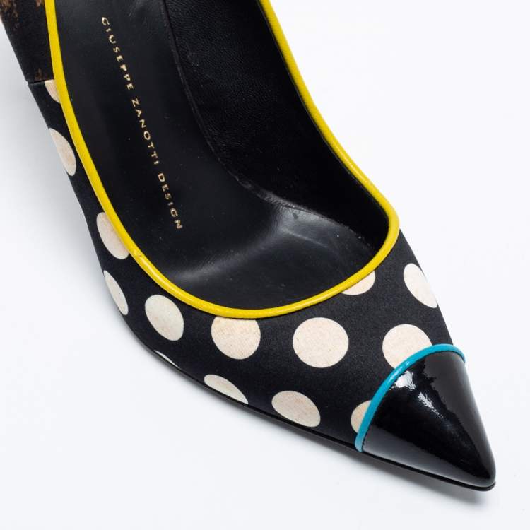 Pre Owned Giuseppe Zanotti Multicolor Leopard/Polka Dot Print Satin And Patent Leather Yvette Pointed Toe Pumps Size 38