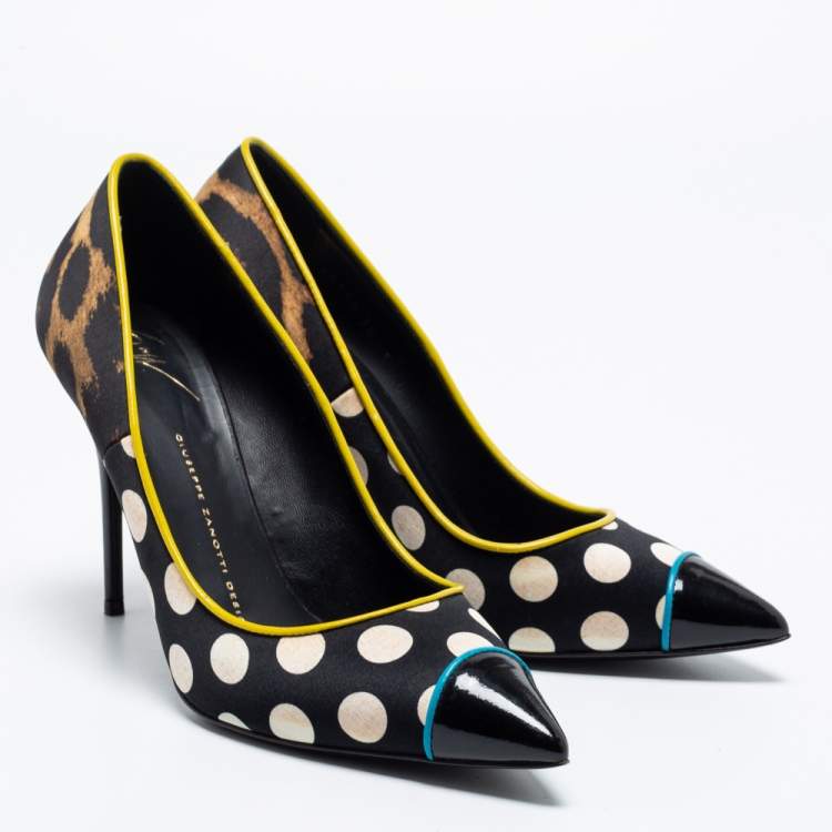 Pre Owned Giuseppe Zanotti Multicolor Leopard/Polka Dot Print Satin And Patent Leather Yvette Pointed Toe Pumps Size 38