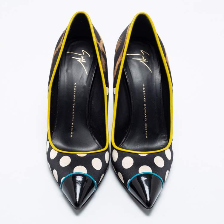 Pre Owned Giuseppe Zanotti Multicolor Leopard/Polka Dot Print Satin And Patent Leather Yvette Pointed Toe Pumps Size 38