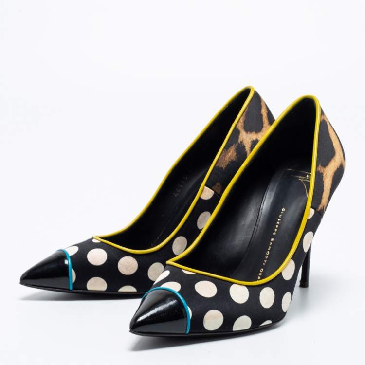 Pre Owned Giuseppe Zanotti Multicolor Leopard/Polka Dot Print Satin And Patent Leather Yvette Pointed Toe Pumps Size 38