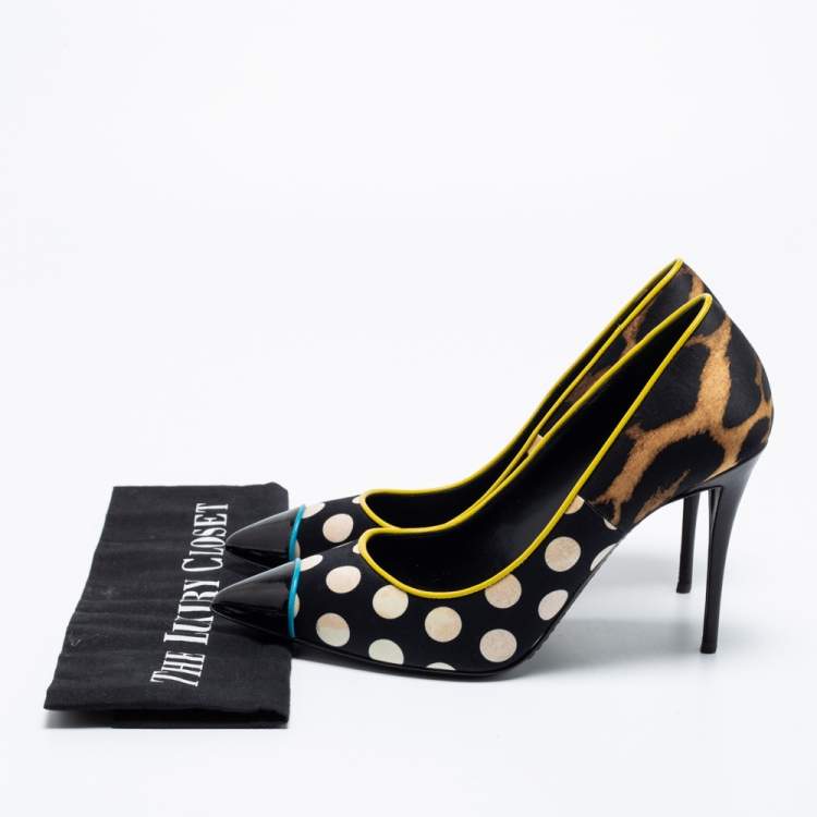 Pre Owned Giuseppe Zanotti Multicolor Leopard/Polka Dot Print Satin And Patent Leather Yvette Pointed Toe Pumps Size 38