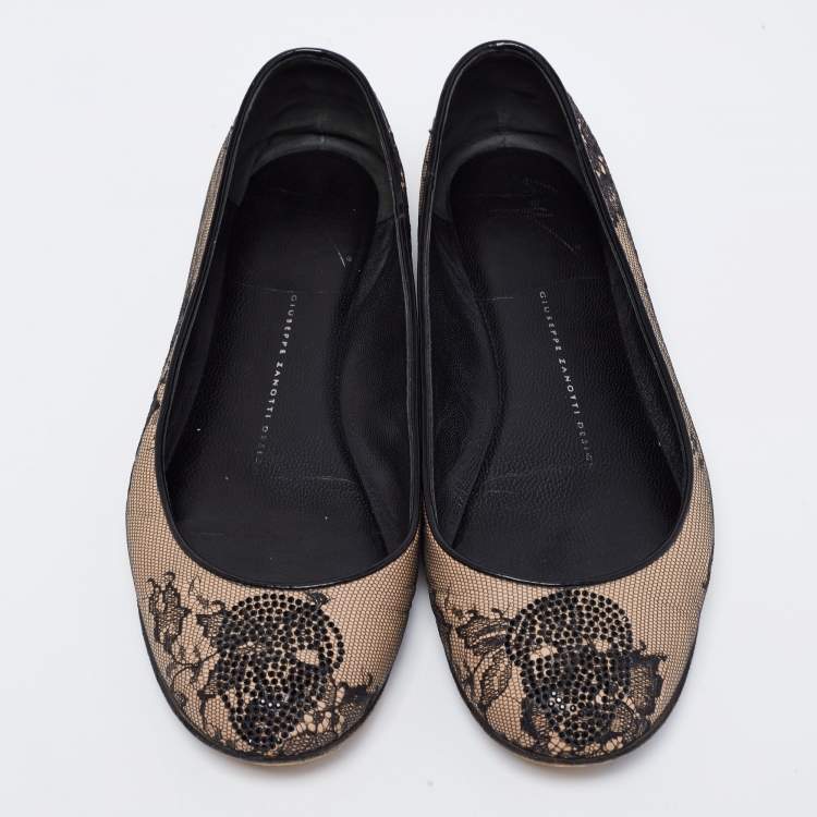 Pre Owned Giuseppe Zanotti Beige/Black Mesh and Leather Embellished Ballet Flats Size 37