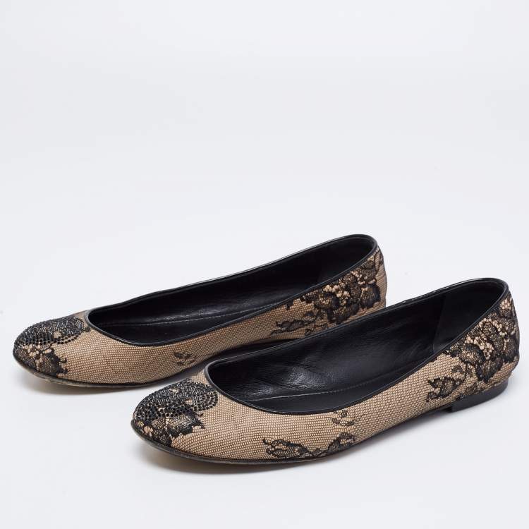 Pre Owned Giuseppe Zanotti Beige/Black Mesh and Leather Embellished Ballet Flats Size 37