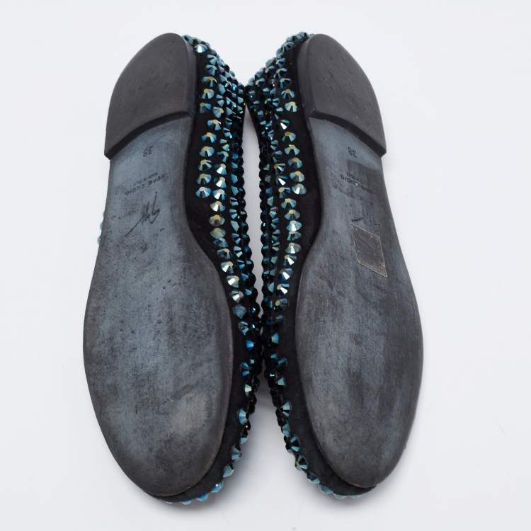Pre Owned Giuseppe Zanotti Black Suede Crystal Embellished Ballet Flats Size 38