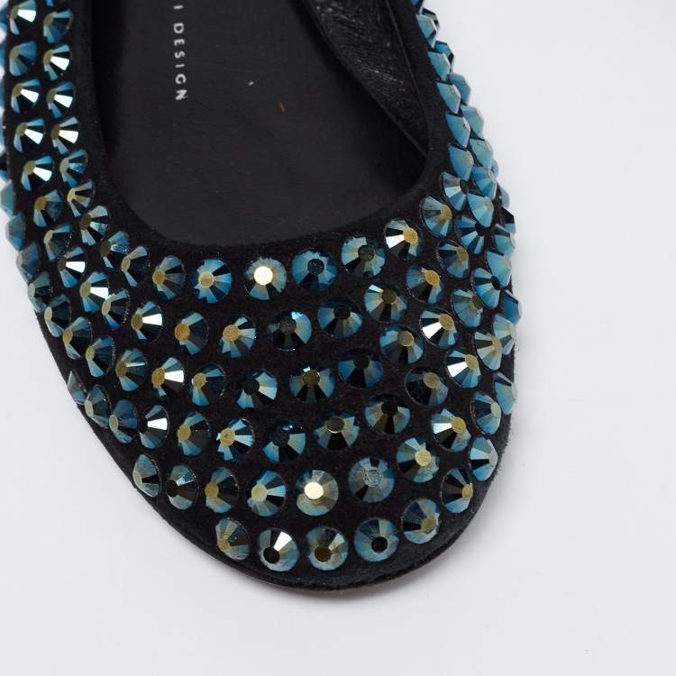Pre Owned Giuseppe Zanotti Black Suede Crystal Embellished Ballet Flats Size 38