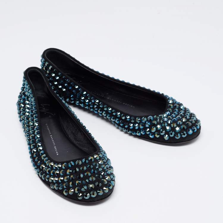 Pre Owned Giuseppe Zanotti Black Suede Crystal Embellished Ballet Flats Size 38