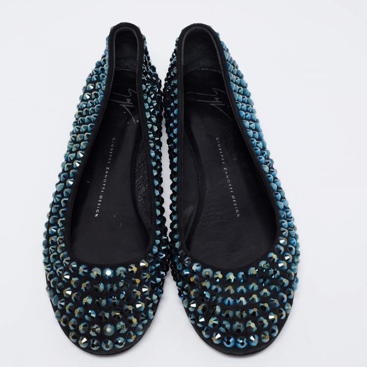 Pre Owned Giuseppe Zanotti Black Suede Crystal Embellished Ballet Flats Size 38
