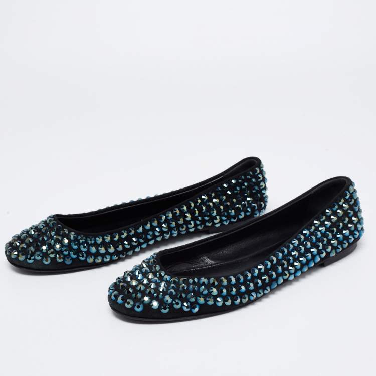 Pre Owned Giuseppe Zanotti Black Suede Crystal Embellished Ballet Flats Size 38