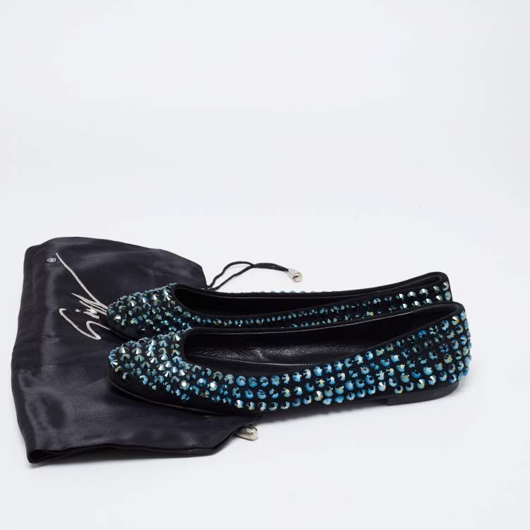 Pre Owned Giuseppe Zanotti Black Suede Crystal Embellished Ballet Flats Size 38