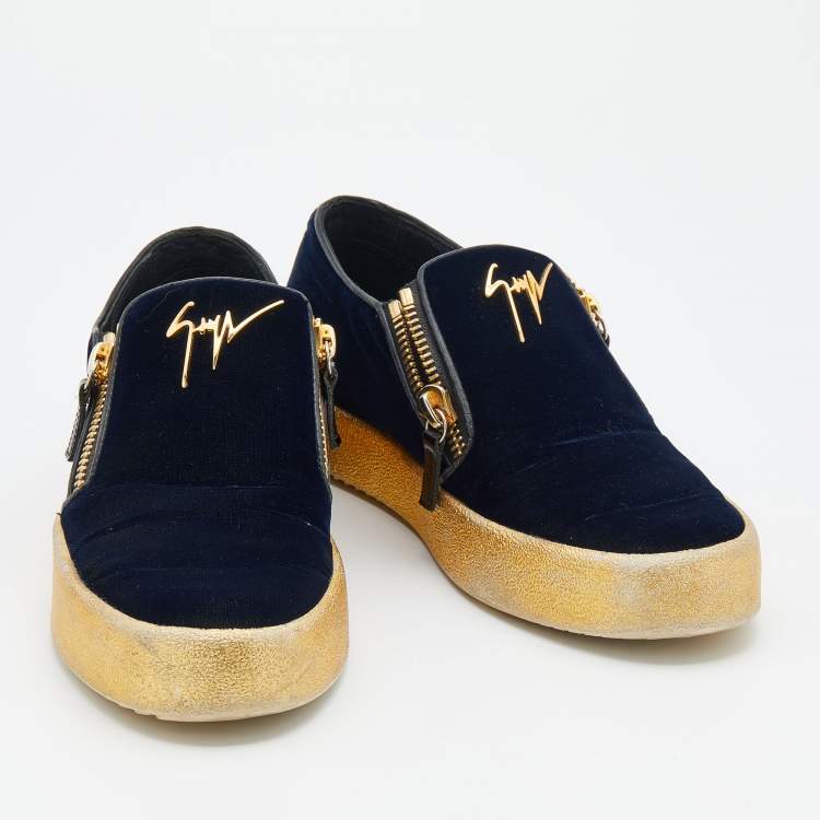 Pre Owned Giuseppe Zanotti Navy Blue Velvet May London Slip On Sneakers Size 39