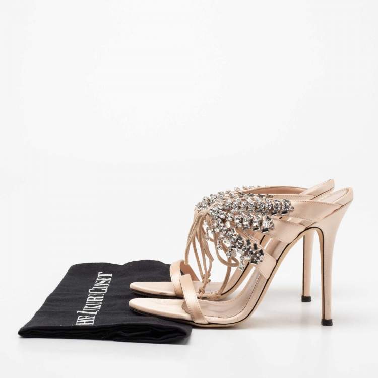 Pre Owned Giuseppe Zanotti Beige Satin Crystal Embellished Slide Sandals Size 38