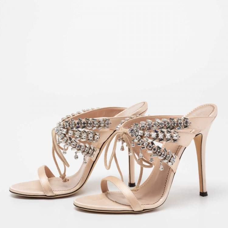 Pre Owned Giuseppe Zanotti Beige Satin Crystal Embellished Slide Sandals Size 38